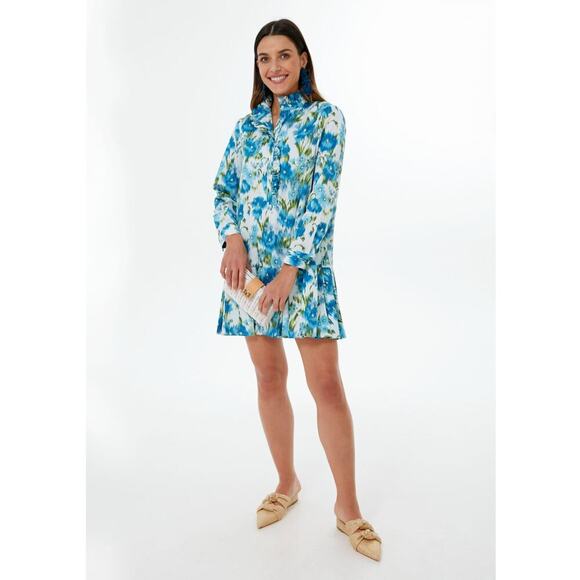 TUCKERNUCK Tate Ikat Blue Green Mini Ruffle Pleated Cotton Poplin Shirt Dress S - Picture 2 of 13